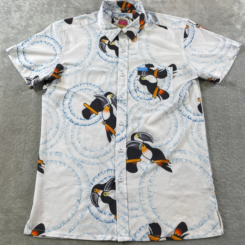 Retro Rifle Shirt Mens Large White Rule #2 Toucan Bird Stretch Button Casual